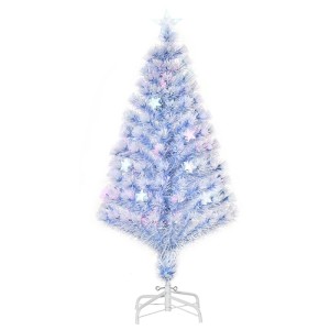 HOMCOM Künstlicher Weihnachtsbaum, 1,2m, mit blauen Nadeln, bunten LED-Sternen und Glasfaserbeleuchtung auf weißem Stand.