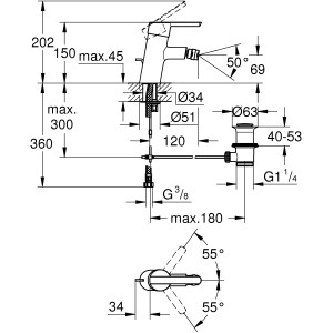 Technische Zeichnung Grohe QuickFix Einhand-Bidetbatterie Feel Chrom mit Maßangaben.