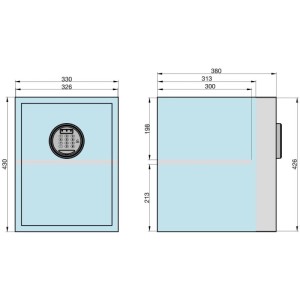 Abbildung eines Basi Elektronik Möbeltresors EMT 380 mit Maßangaben.