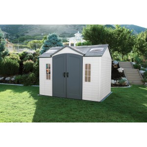 Lifetime Kunststoff-Gartenhaus Sky, anthrazitgrau, 7,4 m², mit Doppeltür und Fenstern.