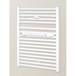 Weißer Schulte Design-Heizkörper Köln mit Handtuchhalter und Anschluss unten.