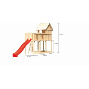 Karibu Stelzenhaus Frieda mit roter Rutsche und Anbauplattform, Holzspielturm für Kinder.
