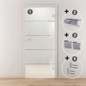Novadoors Glastür-Set Nova 503: satinierte Drehtür mit Edelstahl-Griff, Schlosskasten und Bändern. Komplettset.
