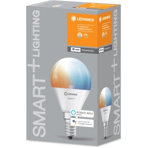 Ledvance Smart+ WiFi LED-Lampe E14, Tropfenform, tunable white, in Produktverpackung.