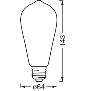 Technische Zeichnung Osram Matter Leuchtmittel E27 Edison, Maße 14,3 x 6,4 cm.