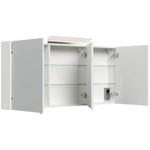 Posseik Spiegelschrank, 140 cm, Weiß Hochglanz, mit LED-Lampe und Glasböden. Offene Türen zeigen Innenleben.