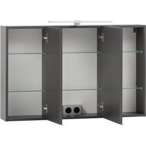Offener Held Möbel 3D-Spiegelschrank Trient, 100 cm, Graphitgrau mit Glasböden und Aufsatzleuchte.