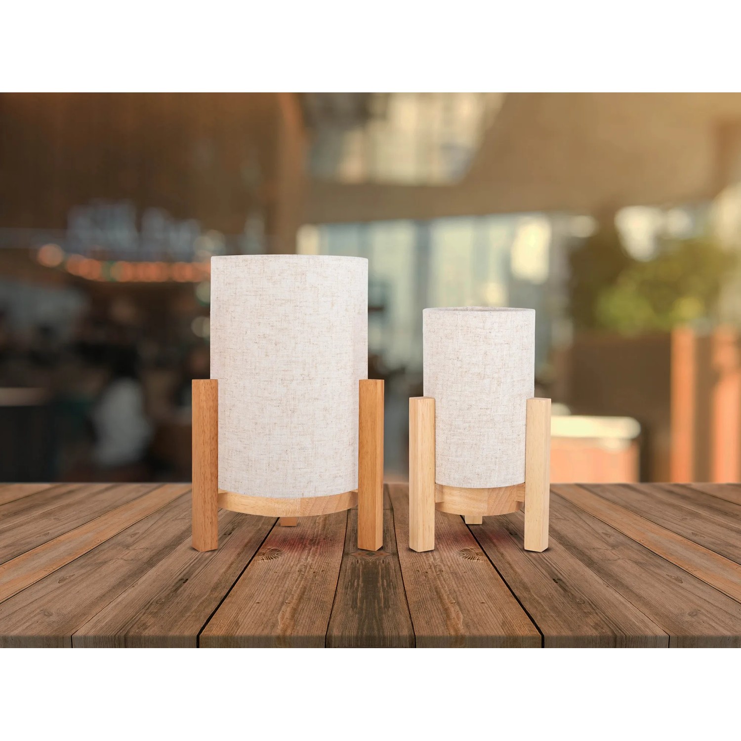 Näve LED-Tischleuchten Madita, Naturholz und Leinen, dimmbar, Akku-betriebene Design-Tischlampen.
