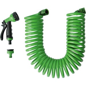 Grünes Spiralschlauch-Set 10m mit Multifunktionsbrause und Hahnstück für die Gartenbewässerung.