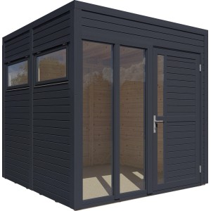 Modernes, anthrazitfarbenes Bertilo Holz-Gartenhaus Cubus 2 Office mit Fenster und Tür.
