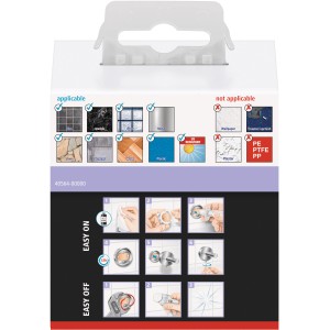 Verpackung des Tesa Moon Black Bademantelhaken, Montageanleitung und Anwendungsbereiche dargestellt.