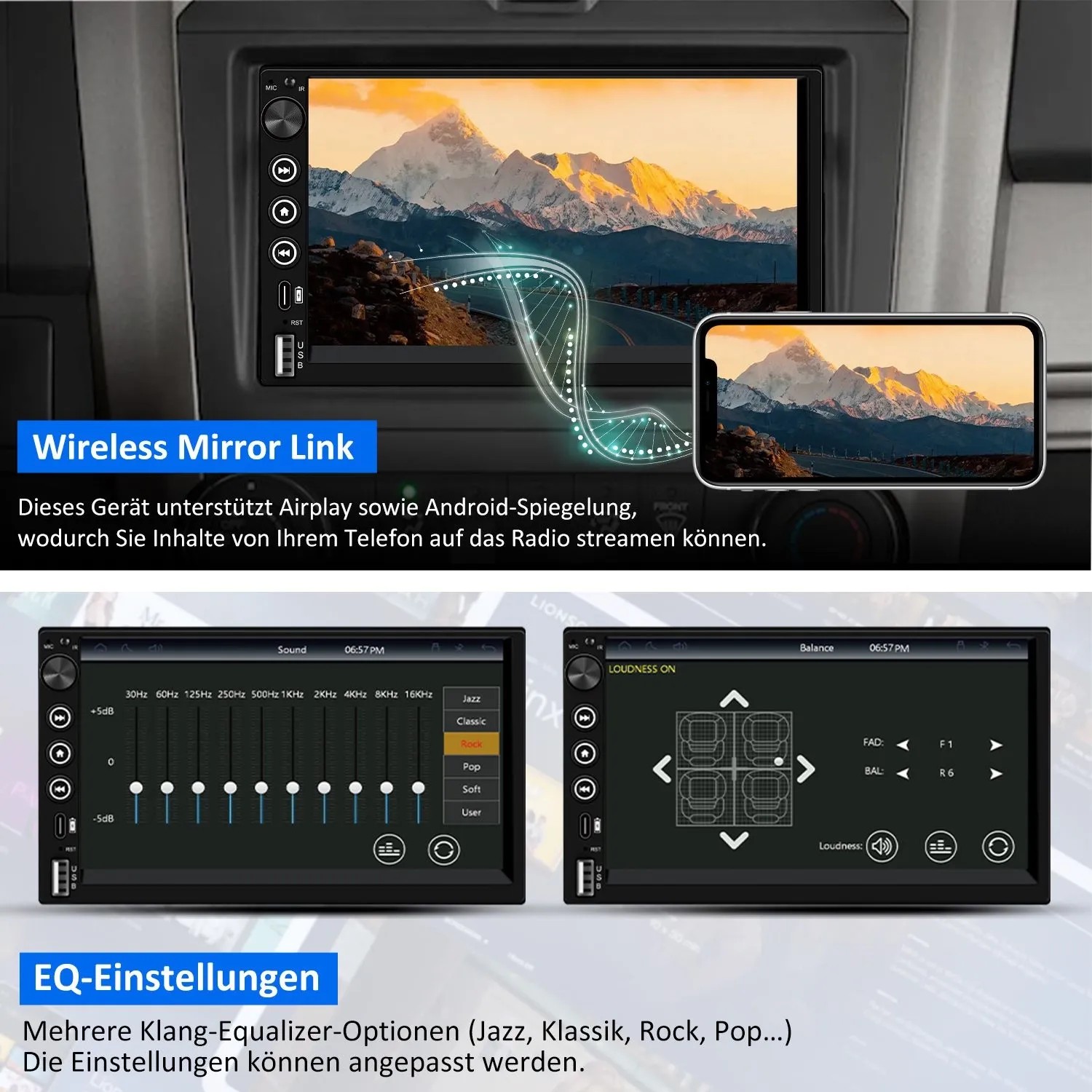 JUNSUN CARPLAY 7 Zoll Doppel DIN Autoradio mit Android Auto IPS Touchscreen 1024x600 Drehknopf Bluetooth FM_6