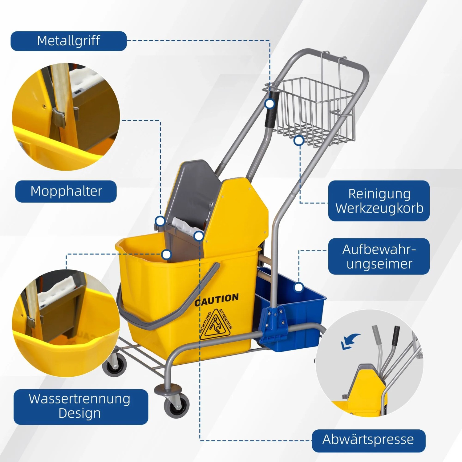Gelber HOMCOM Reinigungswagen aus Kunststoff/Metall mit 25L Eimer, Presse, Korb und Rädern für Bodenreinigung.