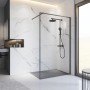 Schulte Duschwand Walk In Trend 2.0, mattschwarzer Rahmen, Glas, mit Regendusche im modernen Badezimmer.