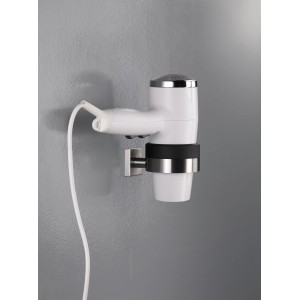 Spirella Föhnhalter Nyo-Steel Brushed aus gebürstetem Edelstahl an grauer Wand.