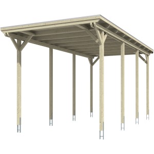 Skan Holz Carport Emsland Caravan, Nussbaum, 404x846 cm, mit flachem Dach und acht Pfosten.