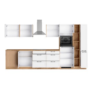 Helle Winkelküche Kempten 360 cm in Weiß/Wotan mit E-Geräten und autarkem Kochfeld.