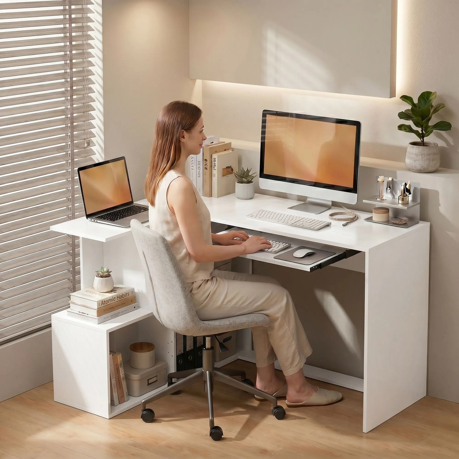 Moderner weißer L-förmiger Computertisch aus Spanplatte mit Tastaturablage und integriertem Regal. Ideal für Home-Office.