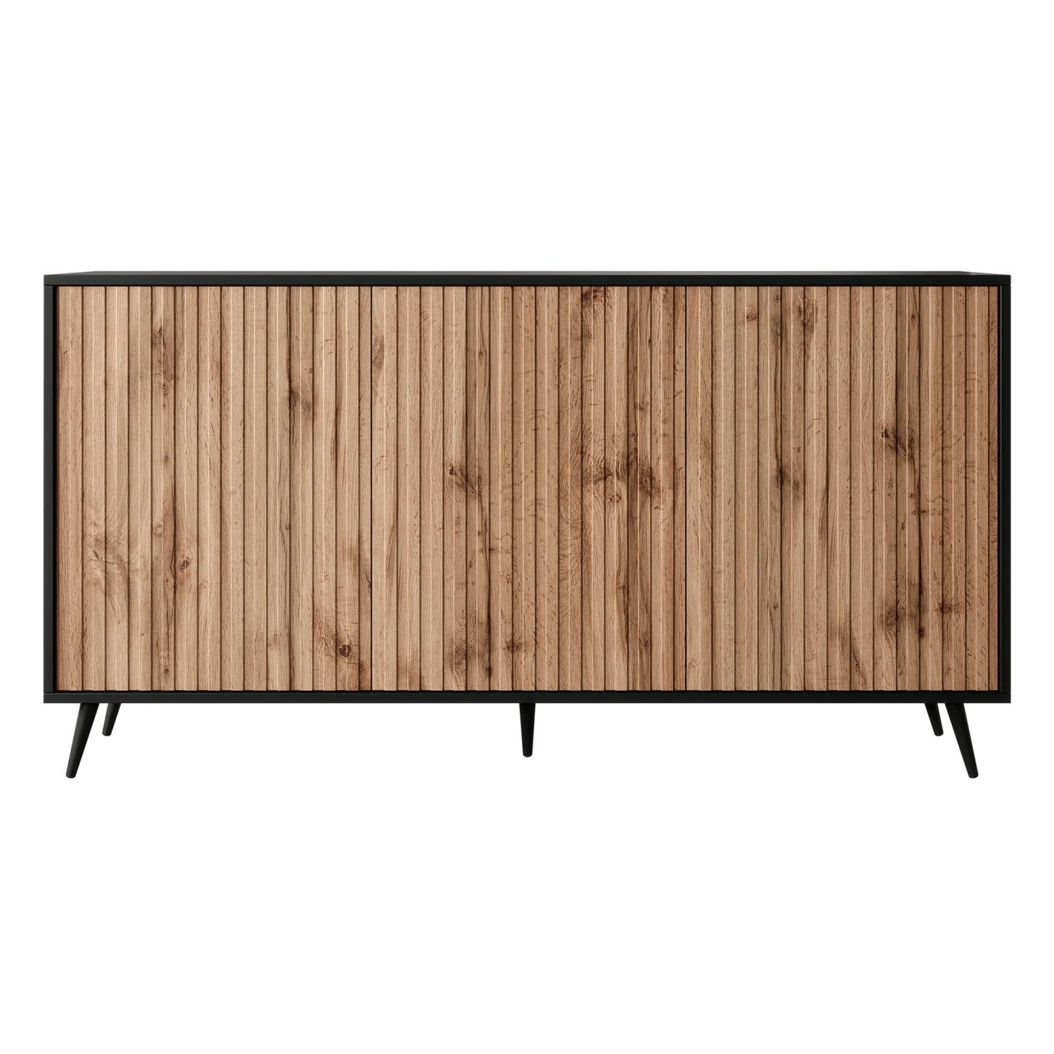 Selsey Sideboard Bello, schwarz mit Wotan Eiche Lamellenfronten. Elegante Kommode für Wohnzimmer & Stauraum.