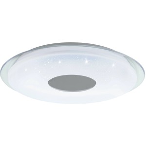 Weiße, runde LED-Deckenleuchte Lanciano-Z von Eglo mit Sternenhimmel-Effekt und Chrom-Akzent.