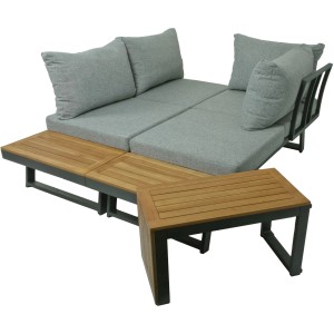 3-teilige Lounge-Gruppe Felice FSC® mit grauen Polstern und Akazientisch für Garten, Terrasse oder Balkon.