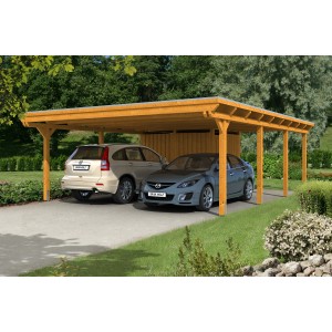 Skan Holz Doppelcarport aus Leimholz in Eiche hell mit zwei geparkten Autos.
