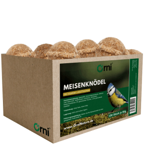 Karton mit 100 Orni Meisenknödeln mit Insekten und Früchten, 95g pro Stück, für Wildvögel.