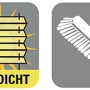 Symbole für blickdichtes Dachfenster-Plissee und Reinigungsbürste.