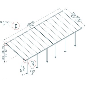 Technische Zeichnung: Palram Canopia Terrassenüberdachung Feria 4x8.50 Anthrazit mit Maßangaben.