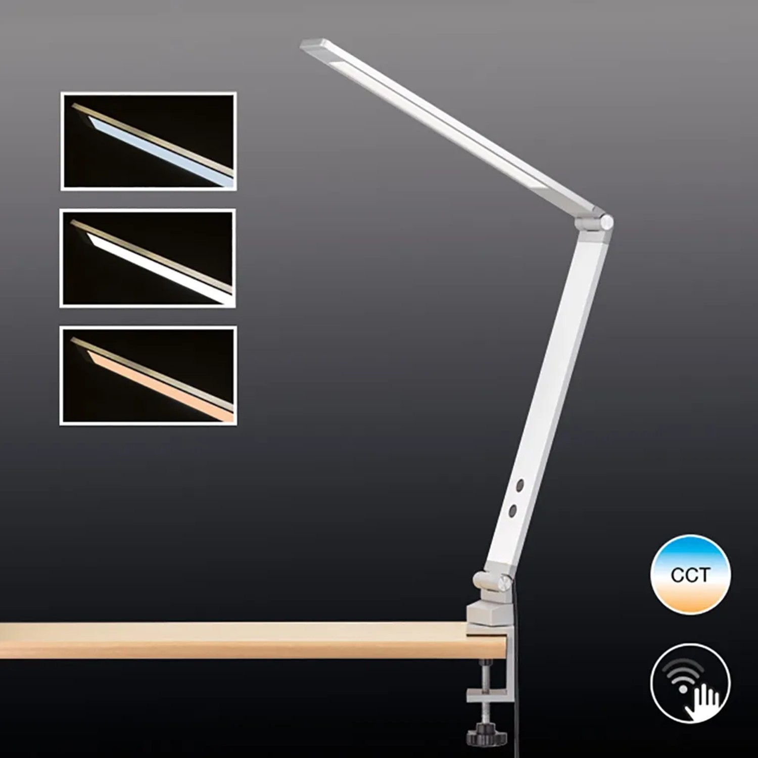 LED-Klemmleuchte Geri in Aluminium/Weiß, 38 cm, mit Sensordimmer und tunable white Funktion.