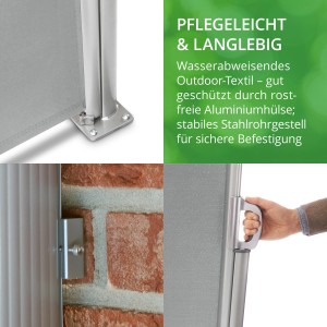 Detailansichten der lichtgrauen Leco Seitenmarkise: Befestigung, Wandhalterung und Griff.