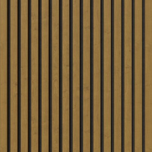 Akustikpaneel Muster Eiche Braun mit schwarzen Filzstreifen für Wand- und Deckenverkleidung.