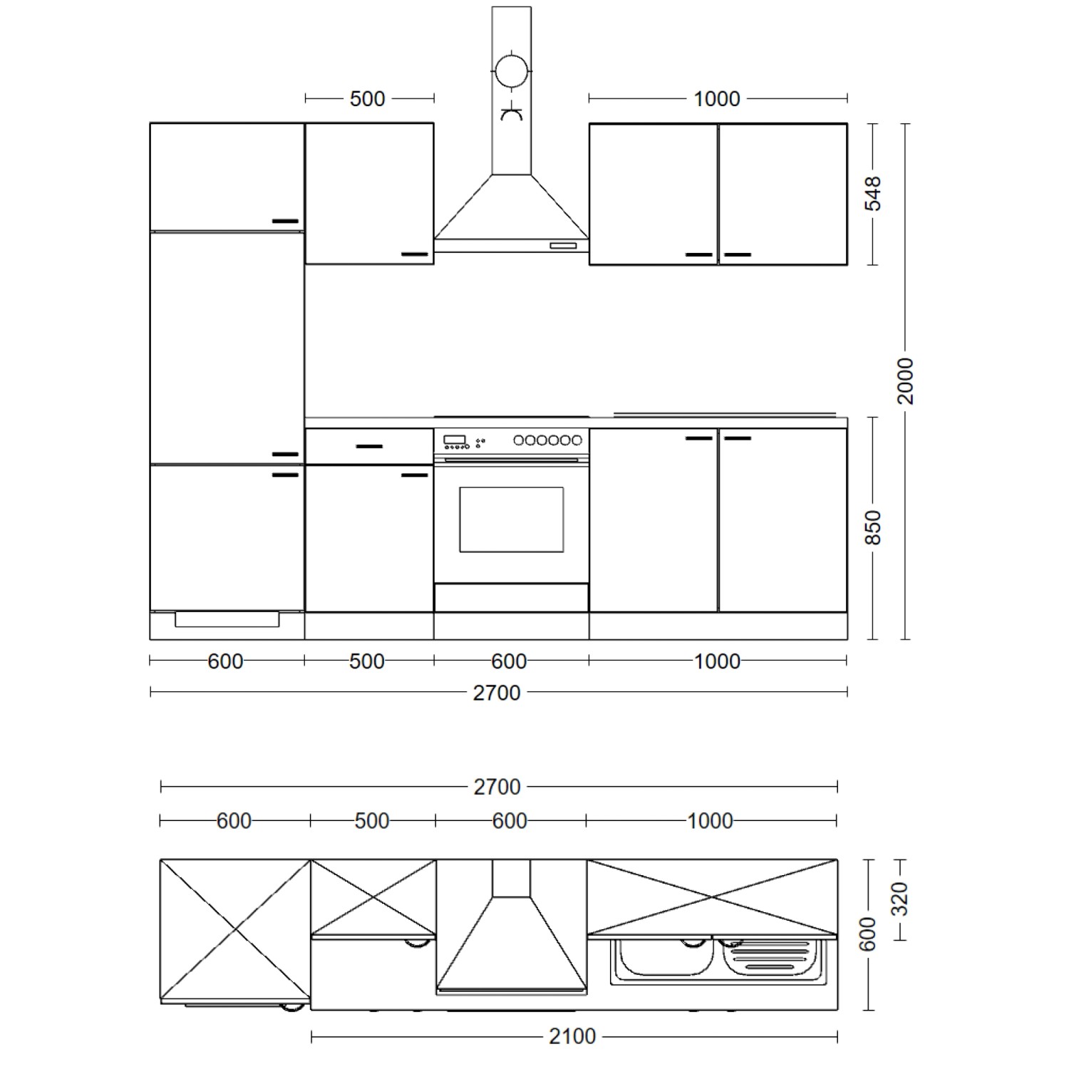 Skizze der Küchenzeile Lund, 270 cm, in Lichtgrau glänzend und Rauchgrau, mit Maßen der einzelnen Elemente.