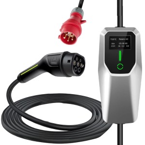 Junsun Mobile EV Ladegerät 11kW mit silberner Wallbox, schwarzem Typ 2 Stecker und rotem CEE 16A 3-Phasen-Stecker.