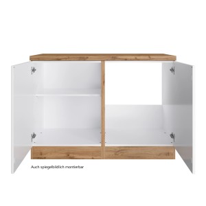 Offener Held Küchen Spülenschrank Kempten, 120 cm, Weiß/Wotan Dekor, mit zwei Türen.