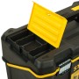 Offene Stanley Werkzeugbox mit 3 Etagen, Cantilever Essential 19, schwarz/gelb, mit Fächern für Werkzeug.