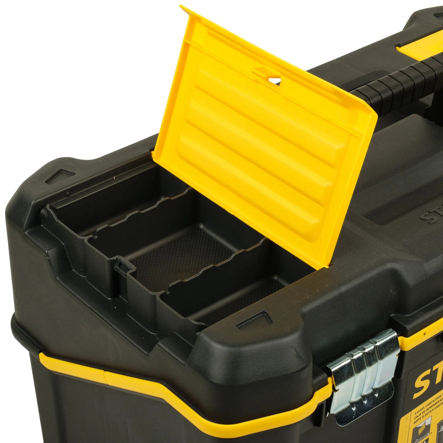 Offene Stanley Werkzeugbox mit 3 Etagen, Cantilever Essential 19, schwarz/gelb, mit Fächern für Werkzeug.