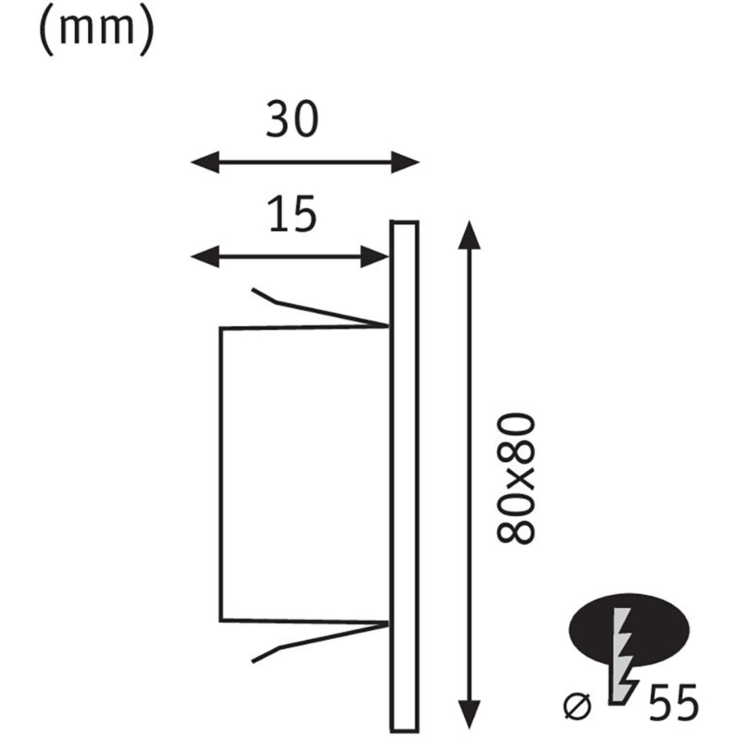 Technische Zeichnung der Paulmann LED-Wandeinbauleuchte Edge, Chrom matt, mit Maßangaben.
