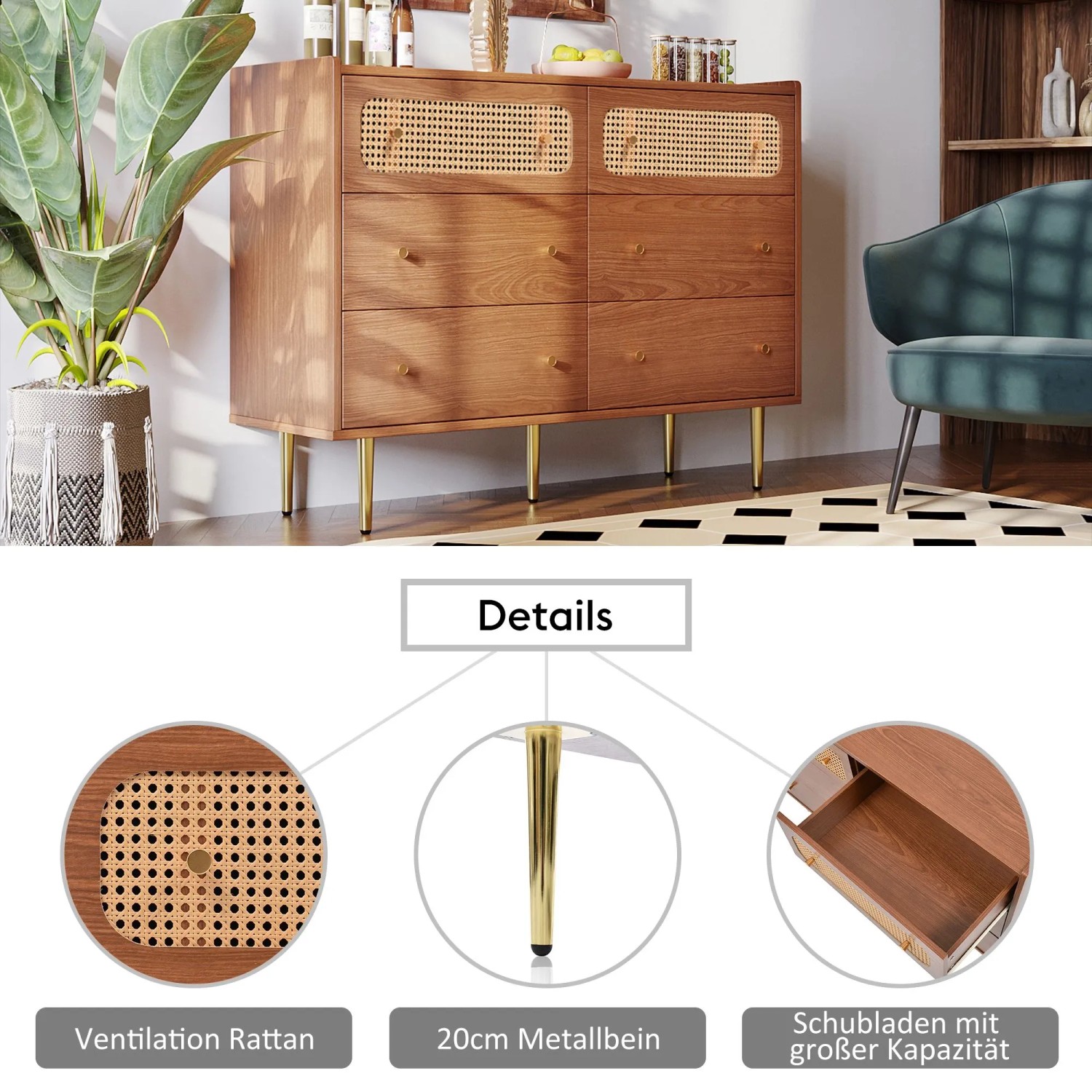 okwish Kommode mit Schubladen Rattan Sideboard Schlafzimmer Wohnzimmer 90x120x40cm Nussbaum_6