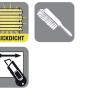 Symbole für Gardinia EasyFix Plissee: blickdicht, Reinigung, Zuschneiden.