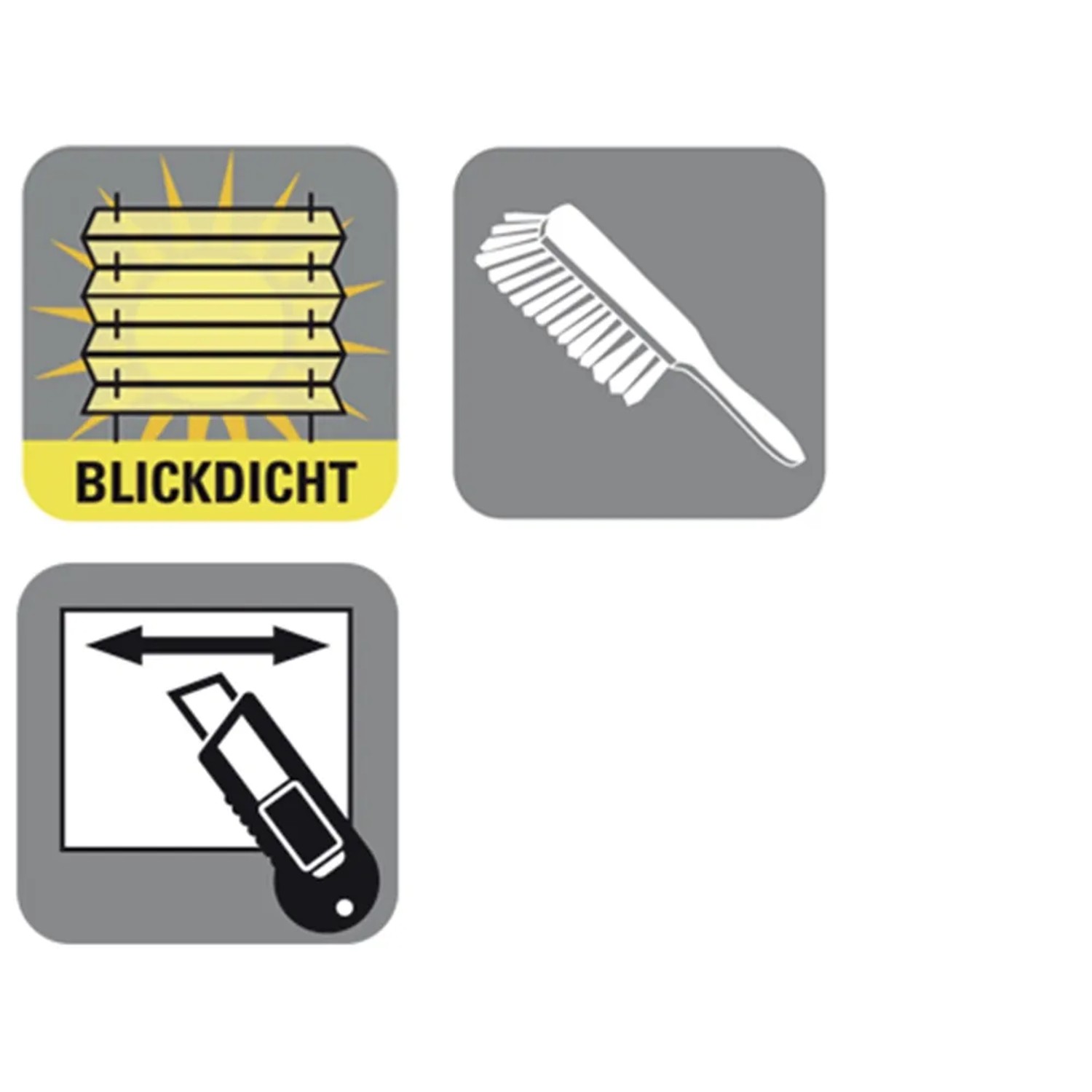 Symbole für Gardinia EasyFix Plissee: blickdicht, Reinigung, Zuschneiden.