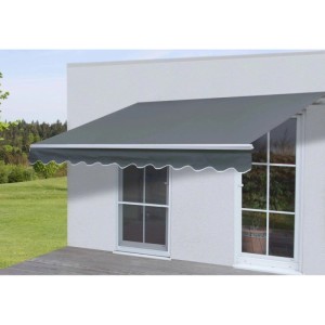 Graue MCW Alu-Markise 3x2,5m mit Acrylstoff und Handkurbel an Hauswand.