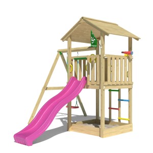 Jungle Gym Spielturm Beacon mit Schaukel und Rutsche (Fuchsia). Holz-Spielturm mit Sandkasten.