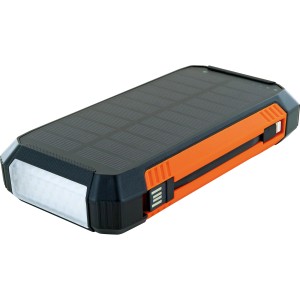 Schwaiger Solar-Powerbank mit Solarpanel, USB-Anschluss und integrierter Taschenlampe.