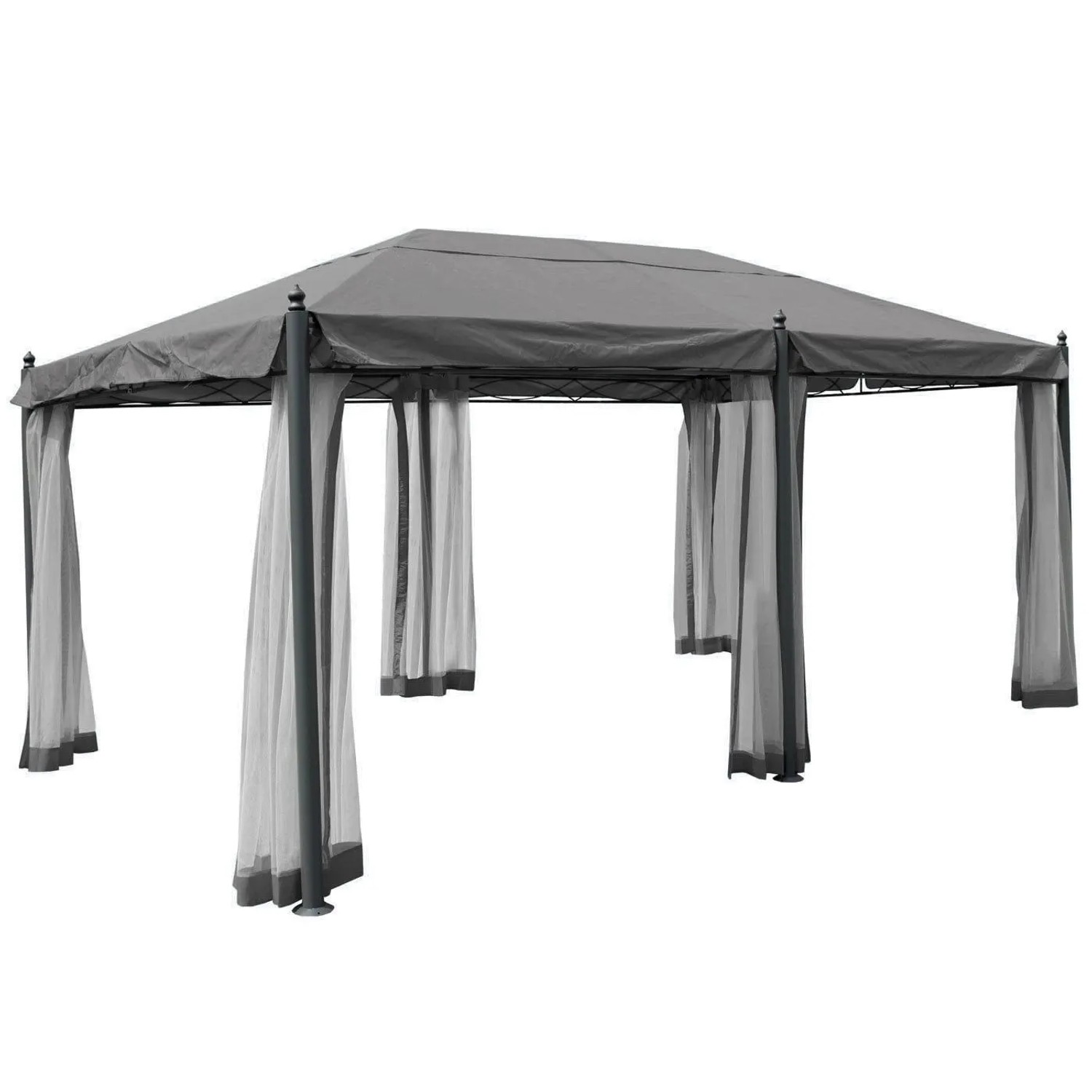 Graue MCW Pergola Calpe 5x3m mit Seitenwand und Moskitonetz.