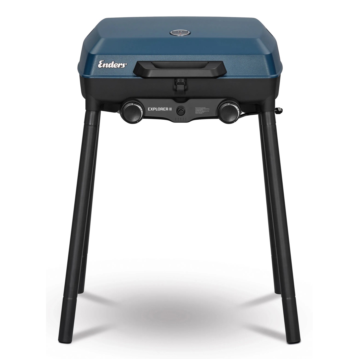 Enders Camping-Gasgrill Explorer II mit blauem Deckel und schwarzen Beinen.