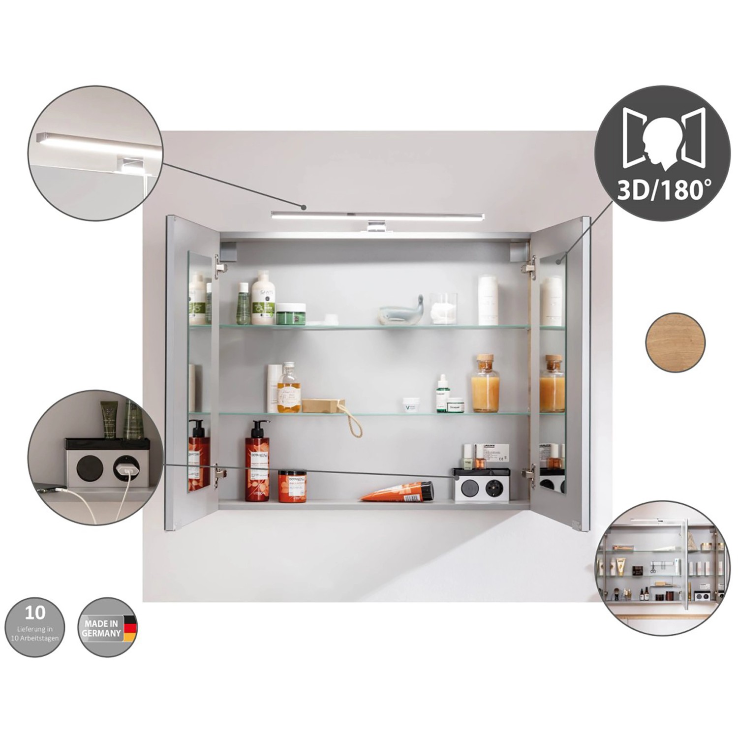 Offener Fackelmann LED-Spiegelschrank B.Brillant 80 cm Asteiche mit LED-Leuchte und Glasböden.