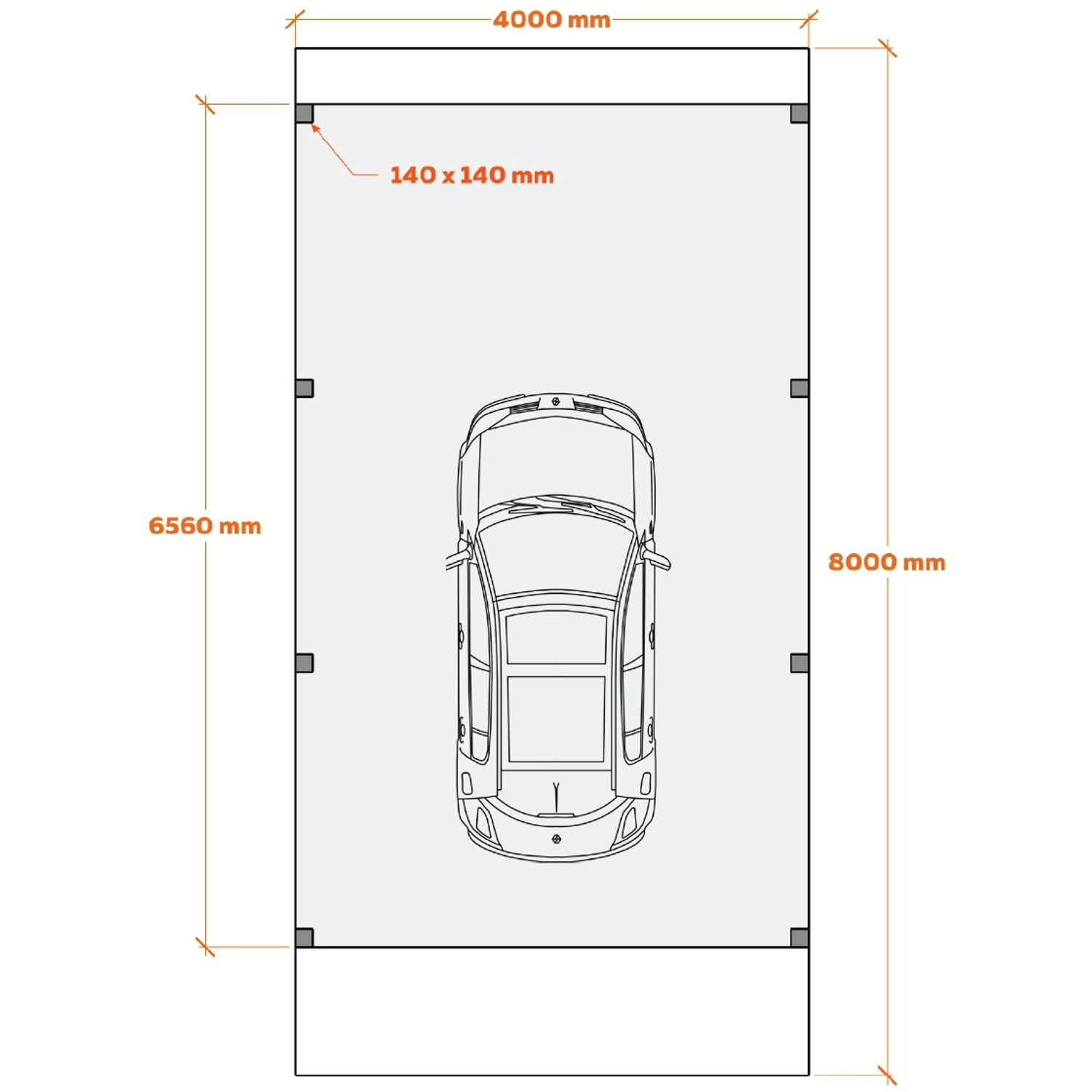 Skizze des Holzbrüder Camping-Carport Ralf: 400x800cm, reinweiß, mit Maßen und Wohnmobil.