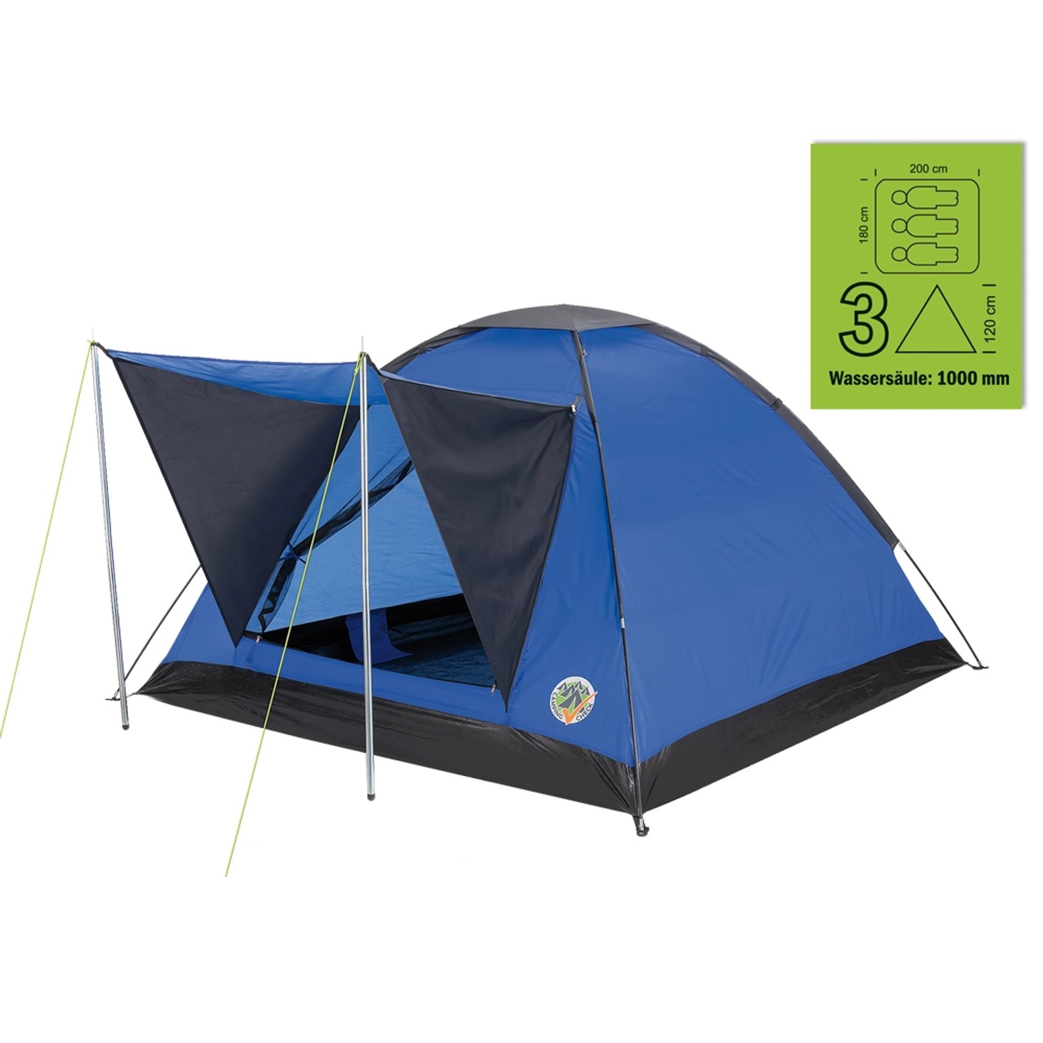 Blaues 3-Personen Domezelt Premium für Camping mit Vorzelt und 1000 mm Wassersäule.