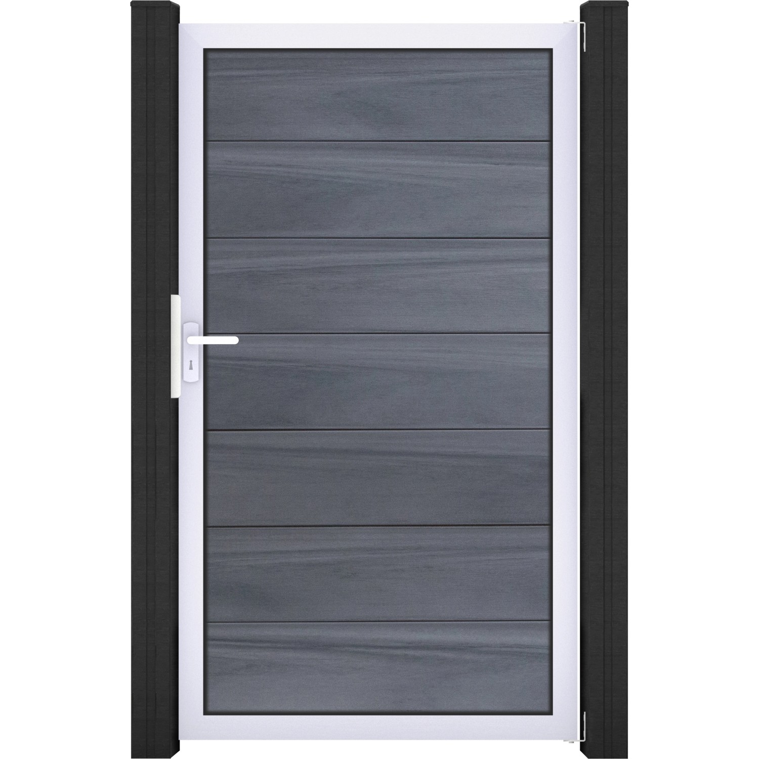 GroJaSolid Grande Tor, steingrau, 100x180 cm, mit weißem Rahmen. Sichtschutzzaun-Tor.